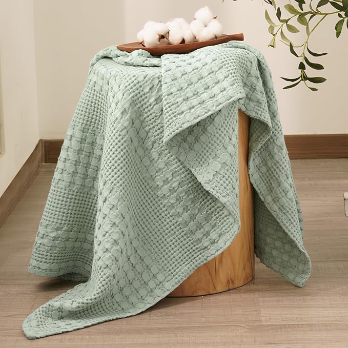 PHF 100% Cotton Waffle Weave Throw Blanket, Soft Lightweight Breathable Cozy Summer Throws for Couch Bed Sofa, Luxury Aesthetic Woven Blanket for Home Decor & Office, 50"x60", Sage Green