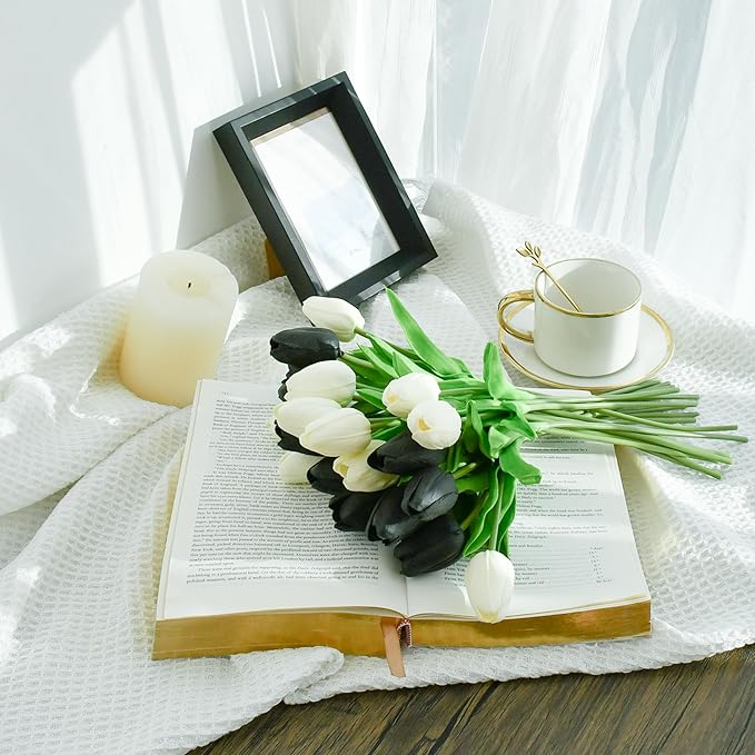 Mandy's Artificial Tulips 20 Stems Black and White PU Faux Flowers for Wedding Home Decor 13.5 Inch