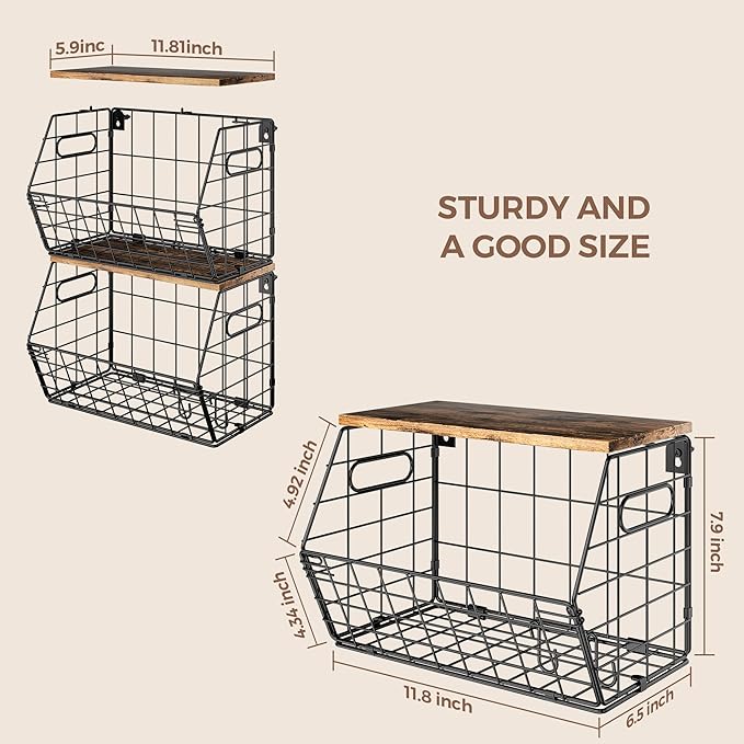 Delamu 2-Pack Stackable Metal Fruit Basket with Wood Lid-Wall Mounted & Countertop Organizer for Kitchen,Pantry- Ventilated Storage for Onions,Potatoes,Fruits,Spices (12"x 8"x 8-5/16")