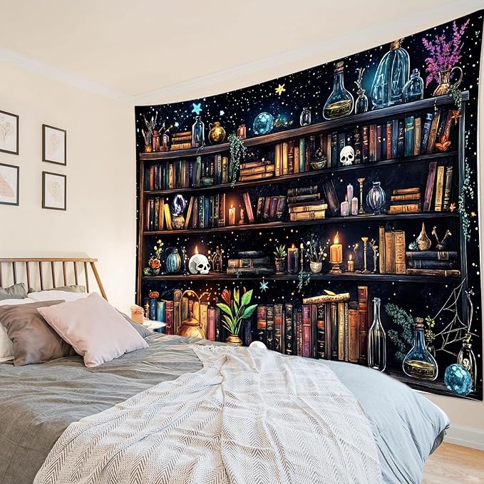 HVEST Magic Bookshelf Tapestry Vintage Bookshelf Witchy Books Plant Skull Gothic Halloween Tapestry Wall Hanging Starry Sky Wall Decor for Bedroom Living Room Dorm, 40L x 60W Inches