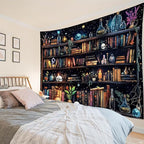 HVEST Magic Bookshelf Tapestry Wall Hanging Vintage Bookshelf Witchy Books Plant Skull Gothic Halloween Wall Decor Starry Sky Tapestry for Bedroom Living Room Dorm, 60L x 80W Inches