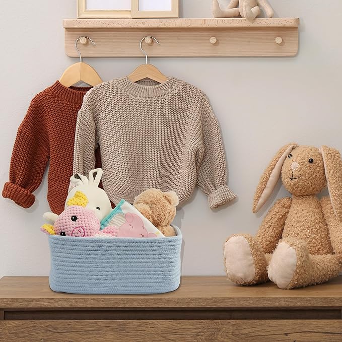 Small Woven Storage Baskets 13“X9”X5“ Decorative Rope Bins for Organizing Shelves, Closets, and Toys, Empty Gift Baskets, Cute Organizer Basket for Home and Office (blue, Large)