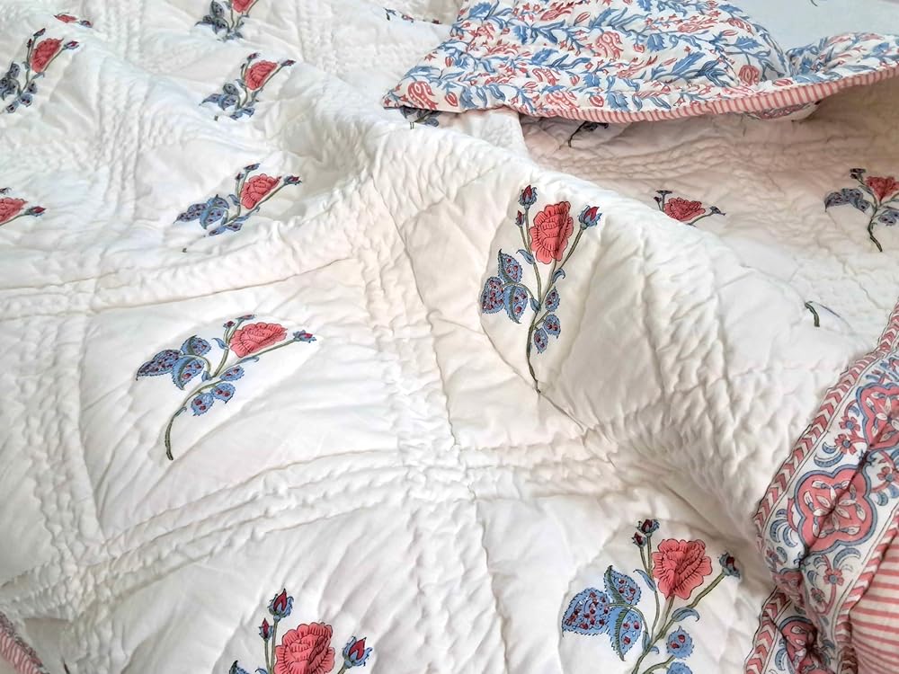 Queen Size Rose Pink Cotton Throw Blanket – Hand Block Printed 90x108 Bedspread – Lightweight Soft Quilt for Sofa, Couch, or Bed – Cozy All-Season Boho Blanket