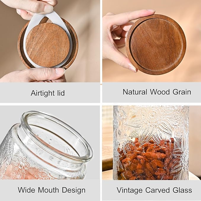 32oz Vintage Glass Jar With Lid, Glass Storage Containers, Airtight Kitchen Storage Containers For Sugar, Coffee, Tea, Spice, Flour, Candy Cookie, Pasta, Cereal, Cute Decorative Jars