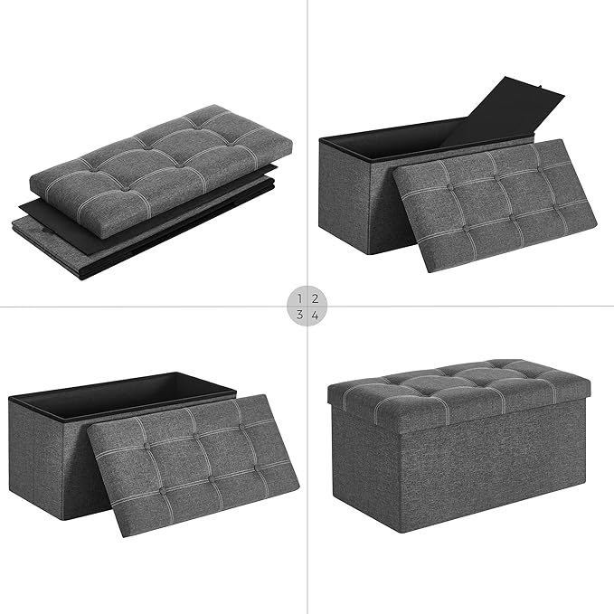 SONGMICS Mazie Collection - 30 Inches Ottoman Storage Bench, 21 Gal. Folding Chest with Breathable Linen-Look Fabric, Load up to 660 lb, for Entryway, Living Room, Bedroom, Dark Gray ULSF001G01