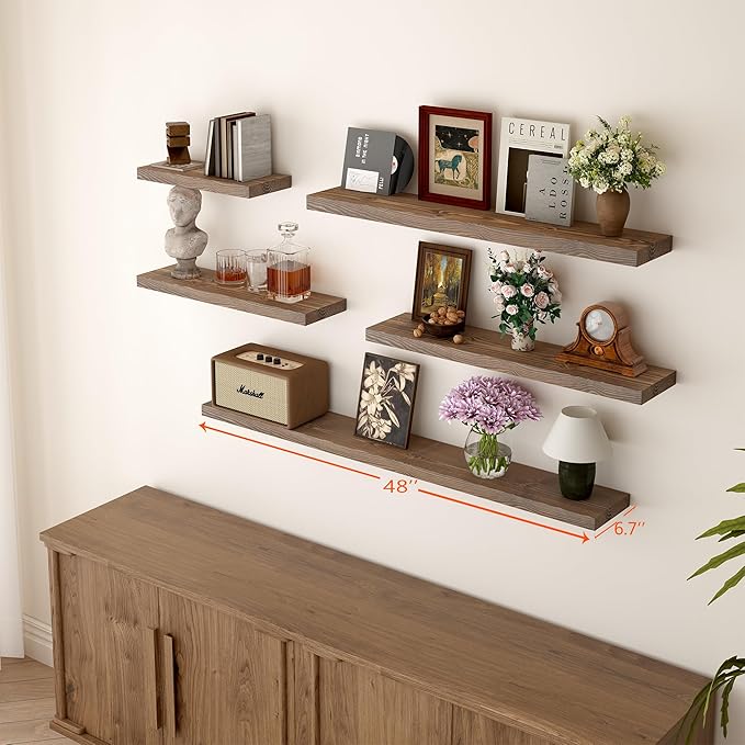 BGMG Floating Shelves for 48 inch Long Set of 2,Wide Rustic Wooden Wall Shelves for Bathroom Living Room Bedroom Kitchen Farmhouse-48x6.7x1.25 inch- Walnut
