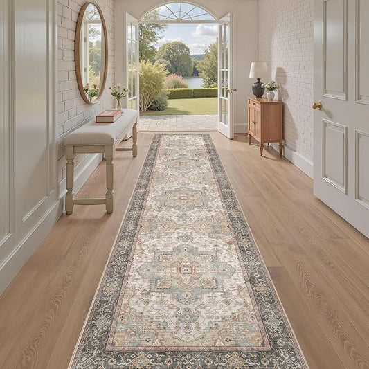 Washable 2.6x12 Runner Rug - Area Rugs Neutral Vintage Distressed Floral Farmhouse Boho Large Soft Floor Rug Indoor Carpet for Hallway Entryway Kitchen Home - Forest Green Orange