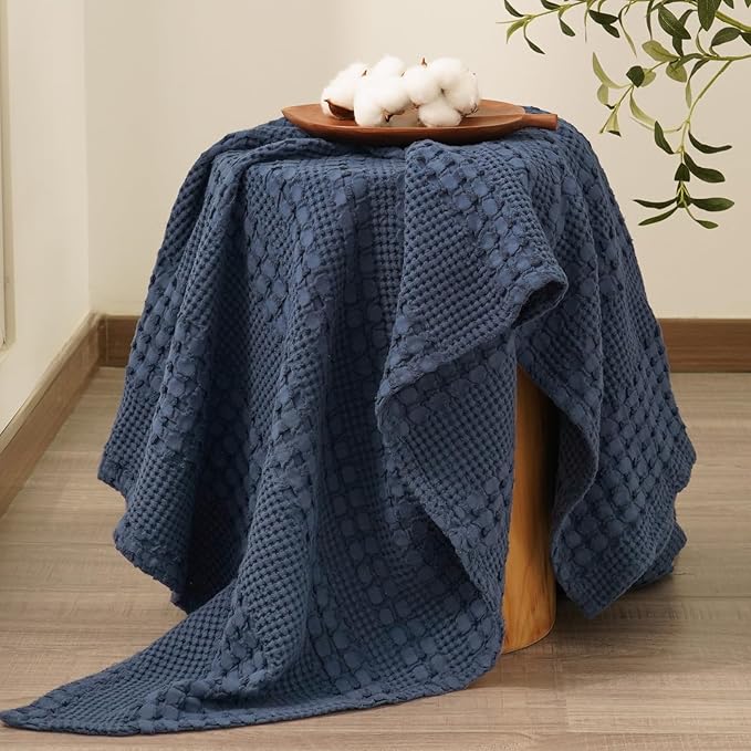 PHF 100% Cotton Waffle Weave Throw Blanket, Soft Lightweight Breathable Cozy Summer Throws for Couch Bed Sofa, Luxury Aesthetic Woven Blanket for Home Decor & Office, 50"x60", Dark Navy