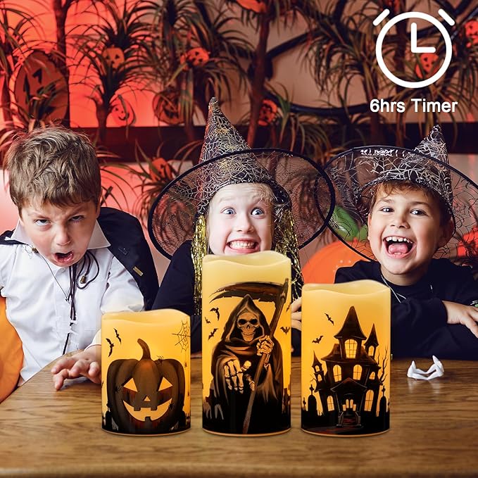 Wondise Halloween Flameless Flickering Candles with 6 Hour Timer, Battery Operated Real Wax Halloween Candles Set of 3 Halloween Decoration Grim Reaper, Haunted House, Pumpkin (3 x 4 5 6 Inch)