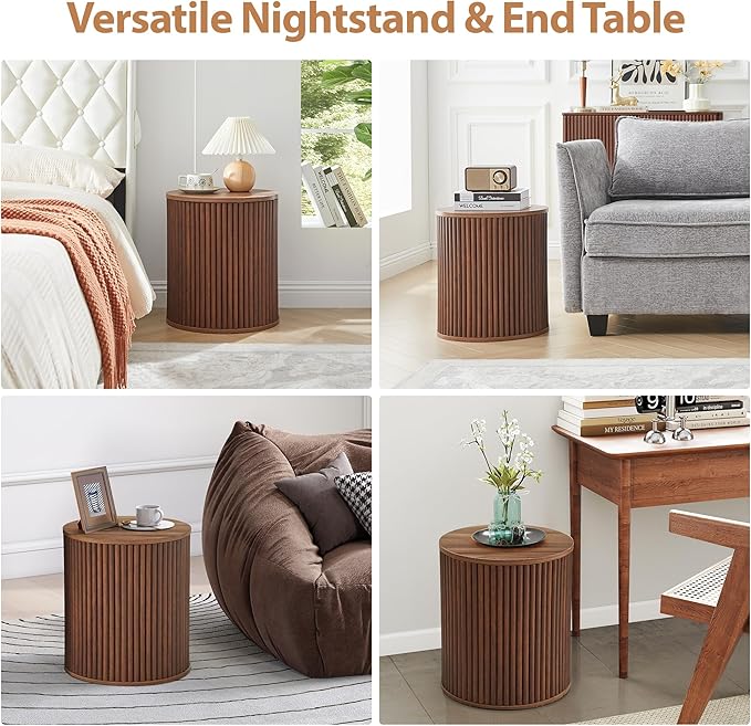 AVZEAR Fluted Round Side Table with Storage, Small Mid Century End Table Fluted Nightstands, Modern Circle Bedside Tables Wood Night Stand for Small Spaces, Living Room, Bedroom (Rustic Walnut)