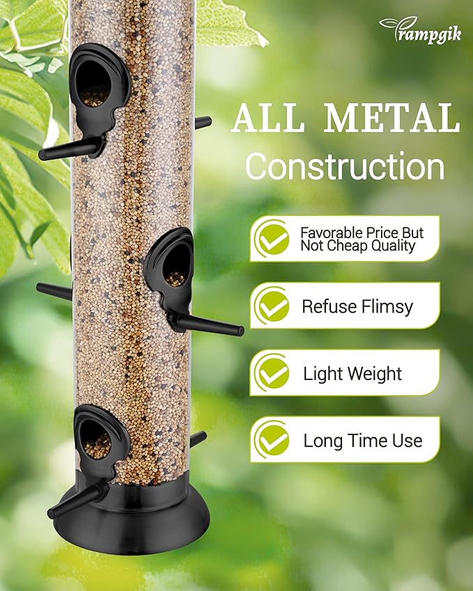 Bird Feeder Premium Hard Plastic for Wild Bird Feeders for Outdoors,Tube Bird Feeders for Outdoors Hanging,14 Inch 6 Port Black,Pack of 1