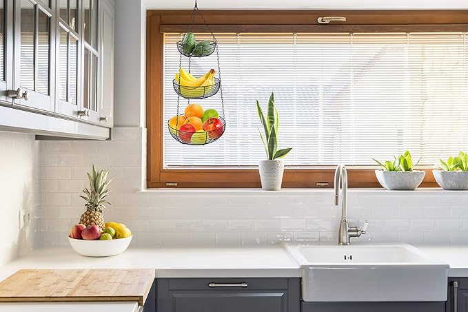 CAXXA 3-Tier Hanging Basket Fruit Organizer Kitchen Heavy Duty Wire Organizer with 2 Free Bonus Metal Ceiling Hooks, Black