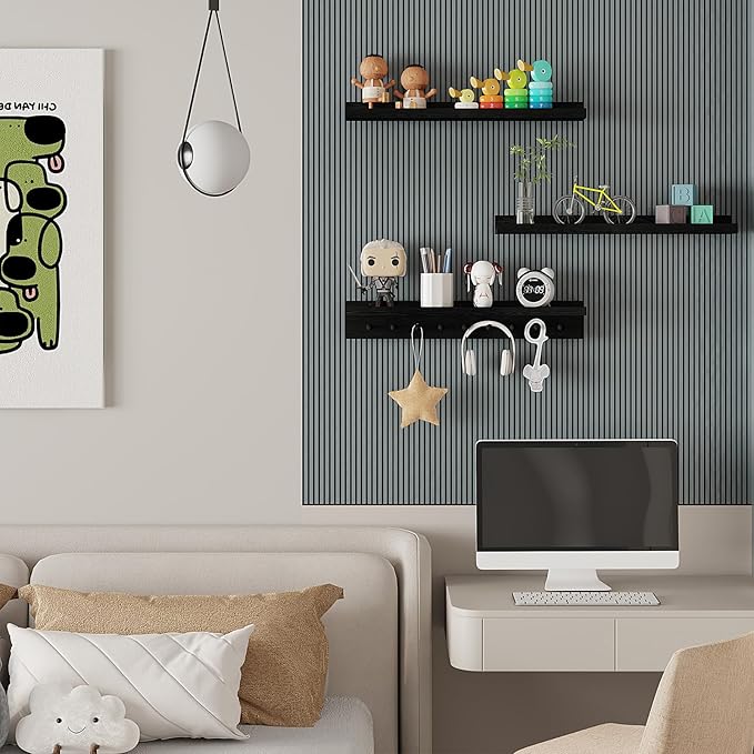MBYD Black Picture Ledge Shelf with Hooks, 24 Inch Floating Book Shelves Kids Room, Wall Mounted Nursery Bookshelves, Hanging Bookshelf for Bedroom, Living Room, Kitchen, Bathroom Set of 3