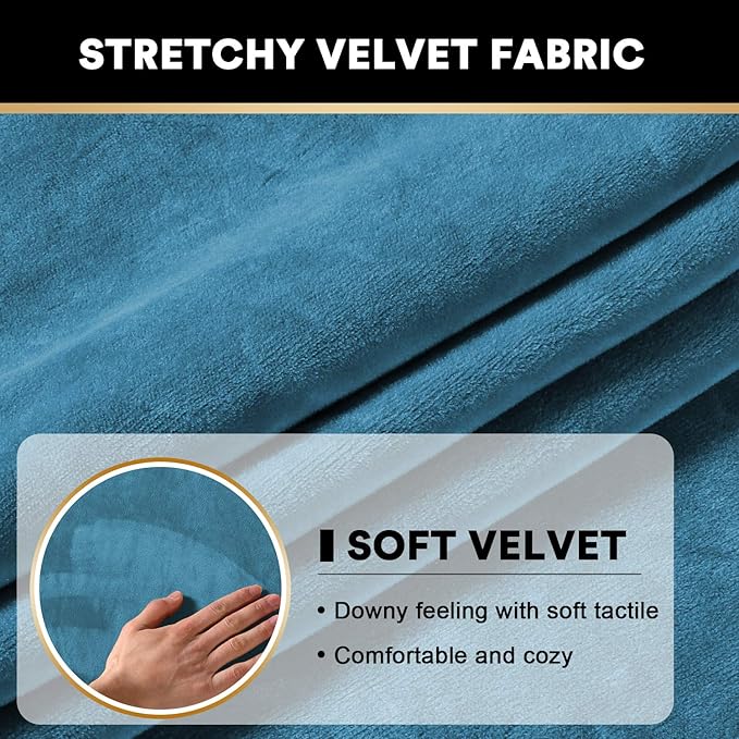 PrinceDeco Couch Cushion Covers, Stretch Washable Sofa Cushion Cover, Fitted Sofa Slipcover Velvet Fabric Non-Slip Furniture Protector for Dog,Pets, Kid (Each Width Up to 29.5", Blue)