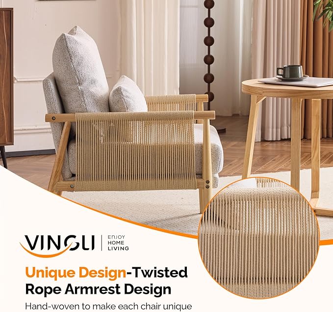 VINGLI Boho Braid Accent Armchair,Mid-Century Modern Chiar with Solid Wooden Armrest,Comfy Louge Cushion Chair with Waist Pillow for Bedroom,Living Room,Reading Room, Light Gray