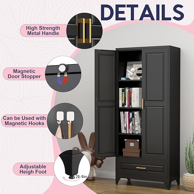 Pantry Kitchen Cabinet with Drawer, 75" Tall Pantry Storage Cabinet, Metal Storage Cabinets with Doors and Shelves, Large Freestanding Cupboard for Dining Room, Assembly Required, Black