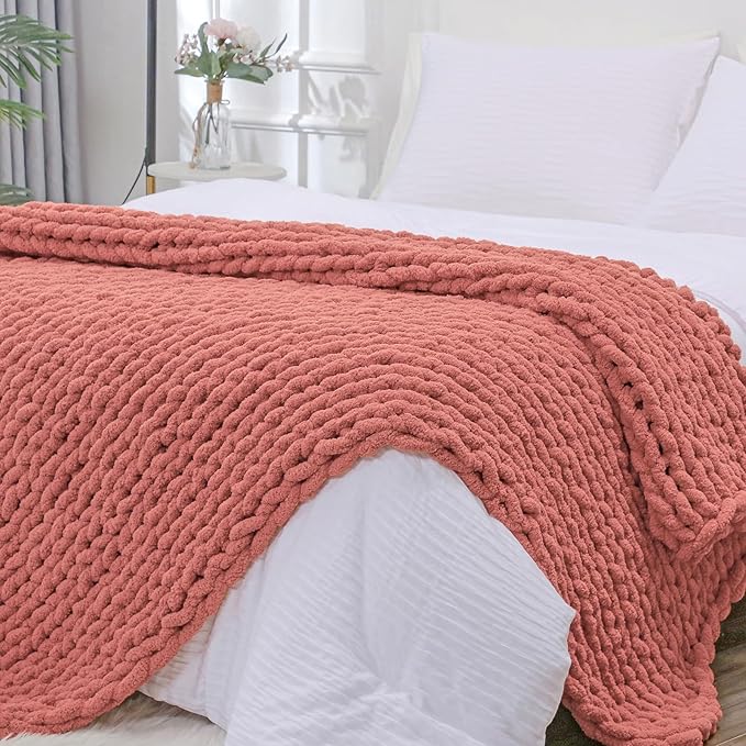 Bigacogo Chunky Knit Throw Blanket for Couch, 40x80 inches, 100% Hand Knitted with Thick Jumbo Chenille Yarn, Cozy Soft Large Rope Knot Cable Crochet Blankets for Sofa Bed Living Room, Antique Red