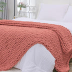 Bigacogo Chunky Knit Throw Blanket for Couch, 51x63 inches, 100% Hand Knitted with Thick Jumbo Chenille Yarn, Cozy Soft Large Rope Knot Cable Crochet Blankets for Sofa Bed Living Room, Antique Red