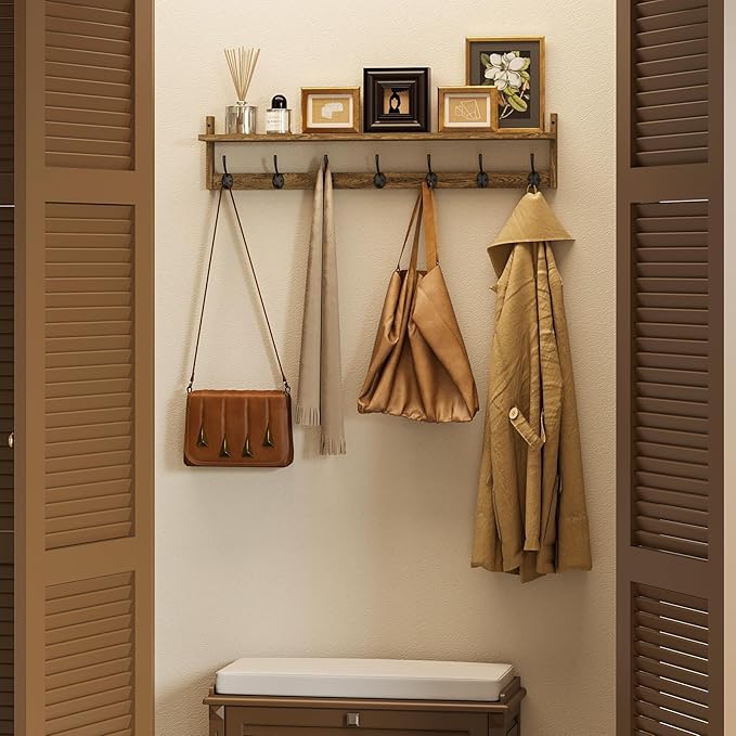 BAMEOS Coat Rack Wall Mount, Large Wooden Coat Hooks with Shelf, 35" L, 7 Dual Metal Hooks for Entryway, Bathroom, Kitchen, Living Room, Bedroom