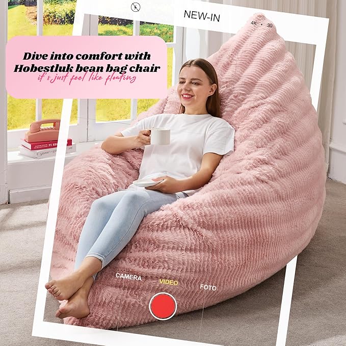 Hobestluk 3 in 1 Bean Bag Chair Giant Bean Bag Chairs for Adults with Ripple Cover Convertible Bean Bag Floor Cushion with Machine Washable Cover for Living Room (Ripple Pink)