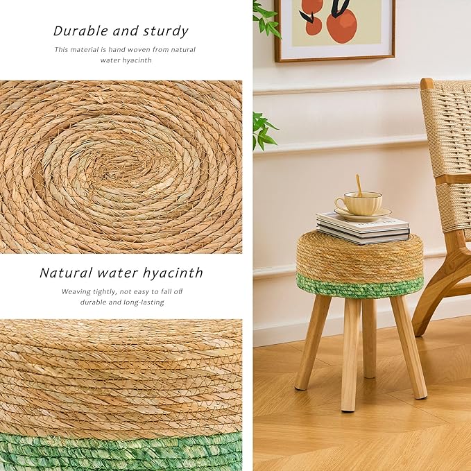 Handwoven Outdoor Ottoman, Water Hyacinth Pouf Round Patio Footstool with Wood Legs, 17-Inch Multipurpose Vanity Stool, Dining Chair, Patio Footrest for Balcony and Garden, Green