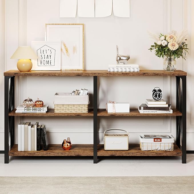 LVB Wood Console Table, Rustic 3 Tier Sofa Table Behind Couch, Industrial Metal Entryway Table with Storage Shelf, Farmhouse Wooden Foyer Hallway Table for Entry Living Room, Rustic Brown, 55 Inch