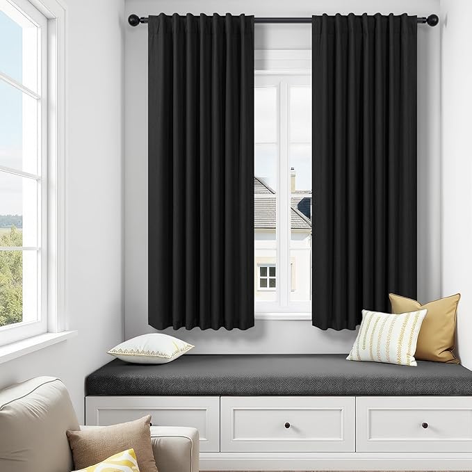 Linen Black Out Curtains 45 Inch Long 2 Panels Burg for Bedroom Windows Back Tab Heat Blocking Room Darkening Insulated Kitchen 40 Soundproof Half Block Dark Short Length Curtain Bathroom Van Garage