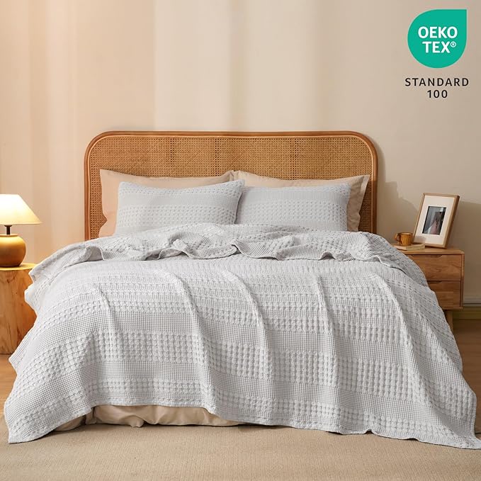 PHF 100% Cotton Waffle Weave Blanket Queen Size, Soft Lightweight Breathable Cozy Summer Blankets for Bed, Luxury Aesthetic Woven Bedding for Home Decor, 90"x90", Light Grey