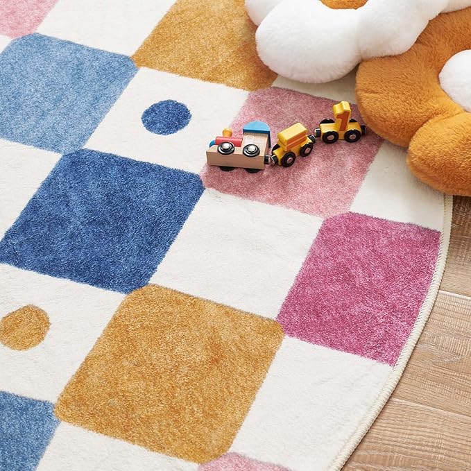 jinchan Round Rug 5ft Kids Washable Rug Indoor Floor Cover Non-Slip Soft Elementary School Classroom Modern Colorful Diamond Carpet for Nursery Daycare Bedroom Playroom Living Room Berries on Cream