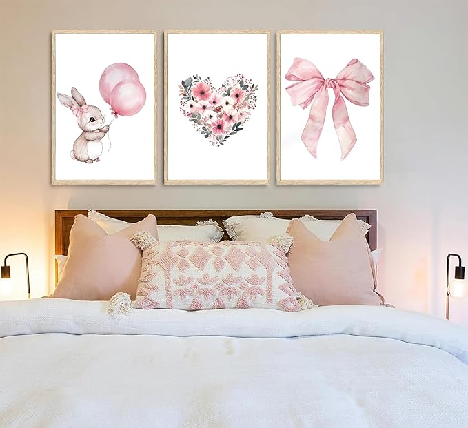 3Pcs Cute Bunny Canvas Wall Art Pink Bow Easter Poster Prints Love Wildflowers Picture Decoration for Nursery Girl Bedroom Children's Room Easter Gifts for Kids Unframed