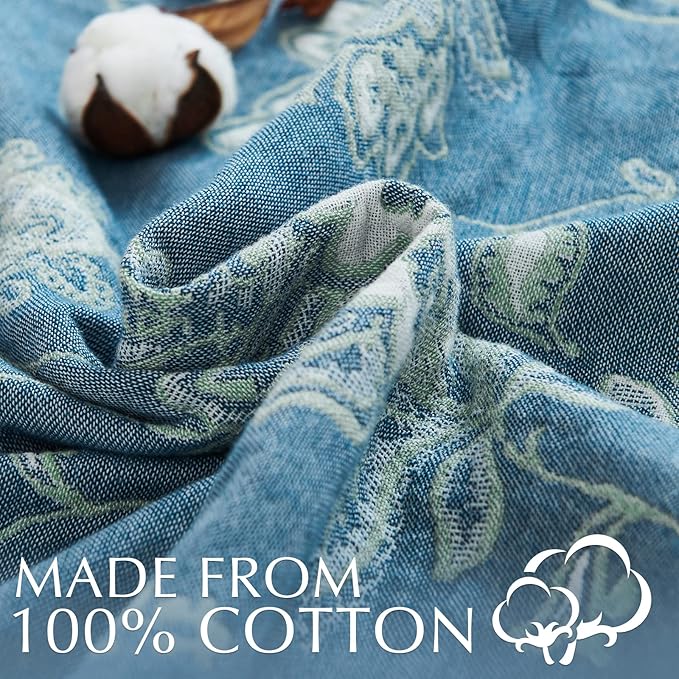 jinchan Boho 100% Cotton Muslin Twin Size 50x60 Inches Blanket Lightweight 4-Layer Quilted Soft Blue and White Floral Throw Blanket Green Accents Reversible Comfy Flower Breathable Summer Couch