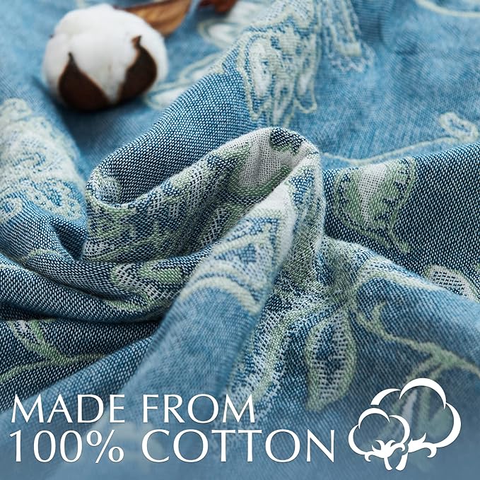 jinchan Boho 100% Cotton Muslin Twin Size 60x80 Inches Blanket Lightweight 4-Layer Quilted Soft Blue and White Floral Throw Blanket Green Accents Reversible Comfy Flower Summer Couch Bedroom Decor