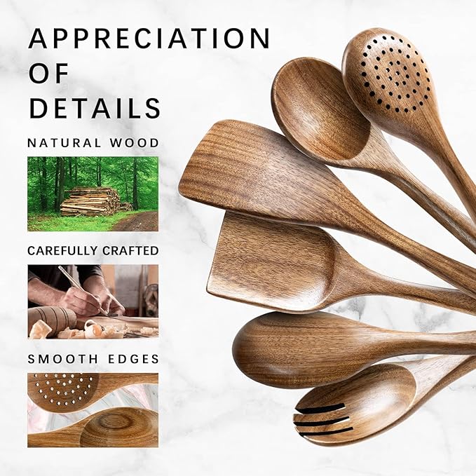Wooden Spoons for Cooking, Nonstick Cooking Utensil Set with 6 Piece Acacia Wooden Spatulas and Spoons for Cooking, Terrific for Everyday Kitchen Tasks