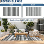 Outdoor Patio Rug 9x12 Stain-Resistant Reversible Camping Mat, Modern Striped Outdoor Plastic Straw Rug, Waterproof Outside Carpet, Easy to Clean for RV, Porch, Deck, Balcony, Grey