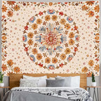 Boho Floral Mandala Tapestry Wall Hanging Watercolor Bohemian Flower Medallion Tapestry Aesthetic Beige Orange Hippie Indian Extra Large Tapestries for Bedroom Living Room Dorm Decor 90 x 68 Inch