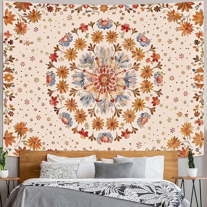 Boho Floral Mandala Tapestry Wall Hanging Watercolor Bohemian Flower Medallion Tapestry Aesthetic Beige Orange Hippie Indian Extra Large Tapestries for Bedroom Living Room Dorm Decor 90 x 68 Inch