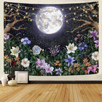 Neasow Aesthetic Moon Garden Tapestry Wall Hanging, Night Landscape with Colorful Plants Floral Tapestries for Bedroom Home Decor Multi Color 50×60 inch (130cm×150cm)