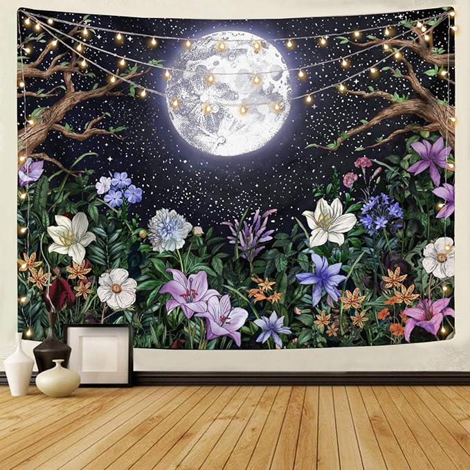 Neasow Aesthetic Moon Garden Tapestry Wall Hanging, Night Landscape with Colorful Plants Floral Tapestries for Bedroom Home Decor Multi Color 36×48 inch (90cm×120cm)
