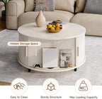 Round Coffee Table with Storage, 31.5" Modern Coffee Table with 360° Curved Sliding Door, Fluted Wood Coffee Table with Adjustable Footpads, Round Center Table for Living Room, Natural White