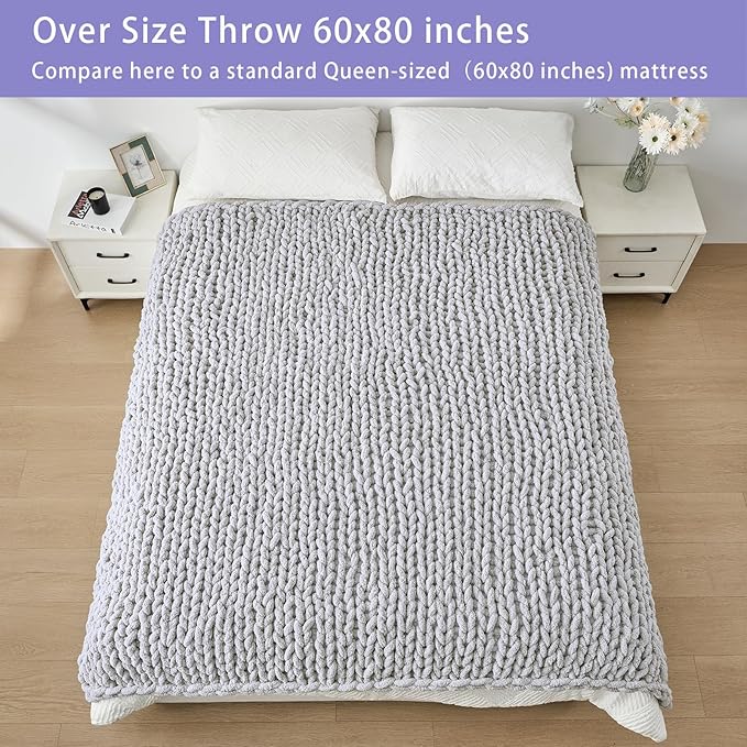 Bigacogo Chunky Knit Throw Blanket for Couch, 60x80 inches, 100% Hand Knitted with Thick Jumbo Chenille Yarn, Cozy Soft Large Rope Knot Cable Crochet Blankets for Sofa Bed Living Room, Light Grey