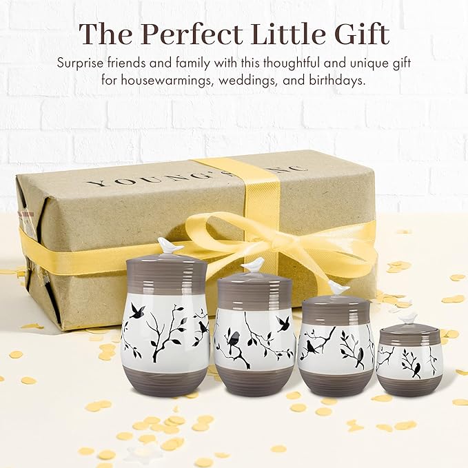 Young's Inc. 4 Pcs Set Modern-Cool Accent Ceramic Canisters- Storage Container for Kitchen and Bathroom - Beautiful Home Decor Accent to Store Food, Coffee, Tea, and More - White