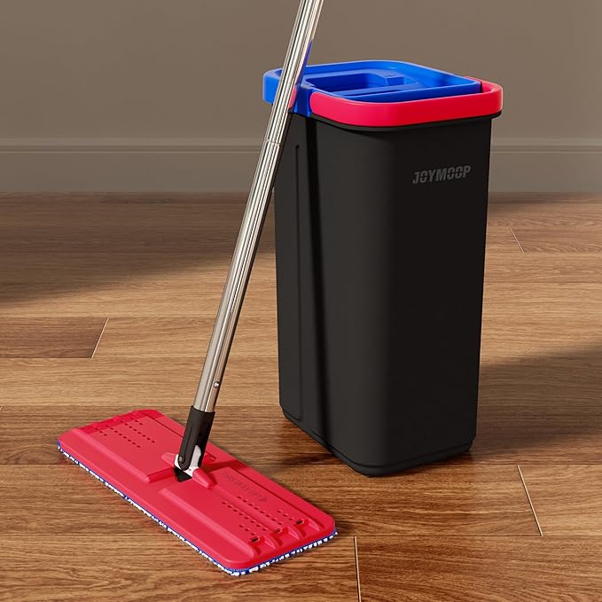 JOYMOOP Mop and Bucket Set for Home, Hands-Free Self-Cleaning System, with 5 Reusable Microfiber Mop Pads, Suitable for Floor Cleaning and Wall Cleaner - Black+Red+Slate Blue