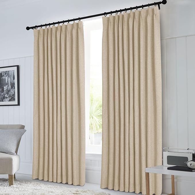 Macochico 100% Blackout Pinch Pleated Linen Curtains Thermal Window Treatments Sound Reducing Curtains for Bedroom Living Room Sand Beige Farmhouse Burlap Drapes with Tieback 52”Wx63”L 1 Panel