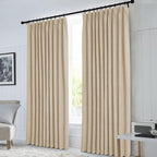 Macochico 52”Wx96”L 100% Blackout Curtains for Bedroom Living Room Nursery Sand Beige Pinch Pleated Linen Curtains Farmhouse Burlap Drapes Thermal Window Panels with Hooks and Tieback 1 Panel