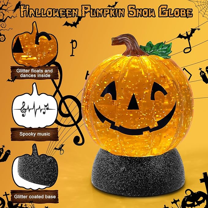 Halloween Snow Globe Lantern Pumpkin Lighted Halloween Snow Globes Battery Operated or USB Powered with 6H Timer Musical Snow Globe Glitter for Spooky Party Home Table Decorations (Pumpkin)