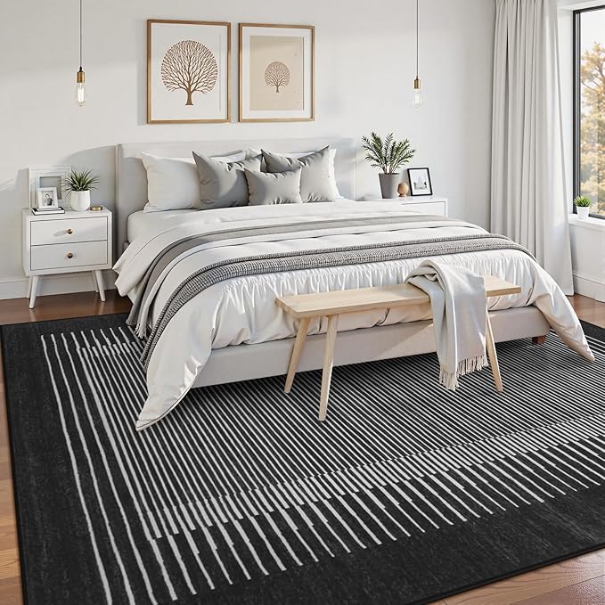 Wonnitar Striped Black Area Rugs 9x12 Living Room, Non-Slip Soft Berber Stripe Bedroom Rug, Low Pile Minimalist Floor Carpet for Dining Room Living Room Department (Black,9' x 12')