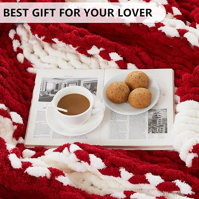 L'AGRATY Chunky Knit Blanket Throw - Soft Chunky Throw Blanket 60x80: 100% Hand Kintted Chenile Crochet Throw Blanket for Couch - Large Cable Knit Chunky Blanket for Home Decor(Red and White)