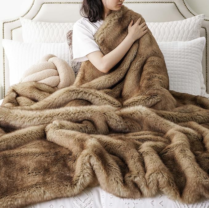 BATTILO HOME Luxury Ochre Faux Fur Throw Blanket, Soft Cozy Mink Fur Blanket for Couch, Sofa, Bed, Plush Warm Fuzzy Fall Fur Throw and Blankets for Home Decor, 50"x60"