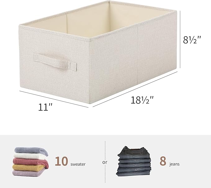 Linen Folding Storage Bins, 3 Pack Large Storage Baskets, Washable, Clothing Storage Bins with Handle, Closet Organizer for Storage Sweater,Sheets(Beige, 18½"x11" x8½")