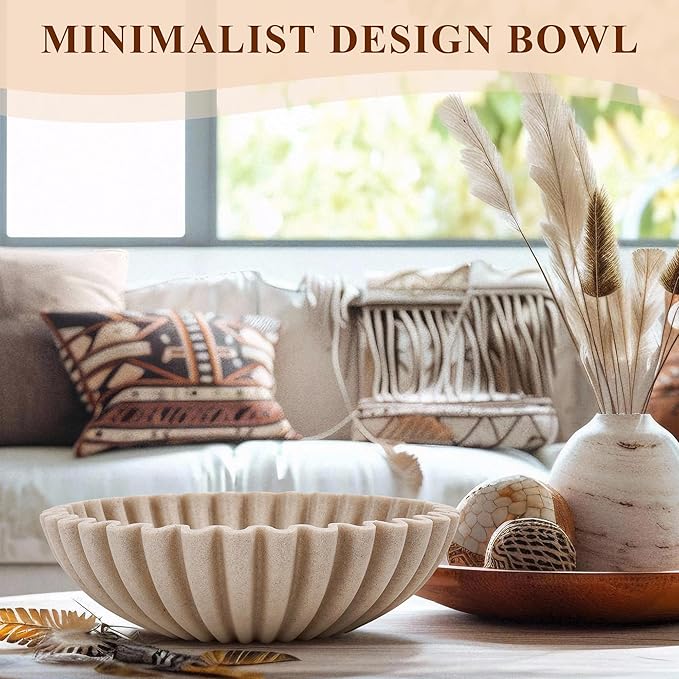 Large Decorative Bowl, Modern Handicraft Bowls for Home Decor, Decorative Fruit Bowl for Kitchen Counter, Ruffle Decor, Stylish Key Bowl for Entry Table, Artificial Stone Beige